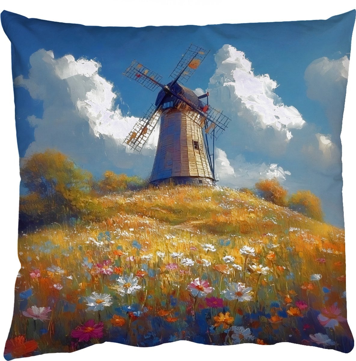 Kleurrijk sierkussen met windmolen, heuvel en bloemen - 60 x 60 cm