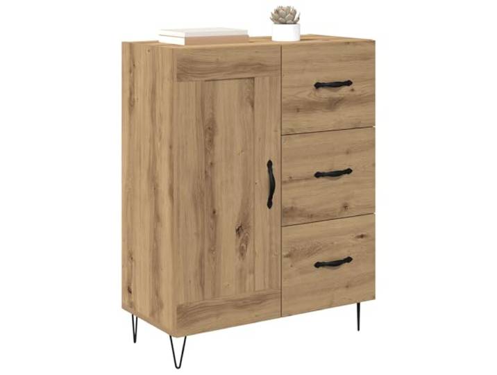 KTHLBRH Sideboard Eiche Handwerk 69,5 x 34 x 90 cm 3 Schubladen Technisches Holz, 2 Einlegeböden, 2 Türen, Eisenbeine, moderner Stil