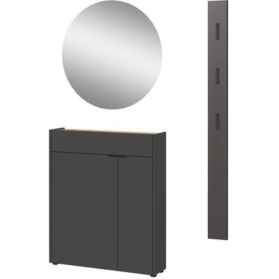Garderoben-Set GERMANIA "GW-Ameca", grau (graphit, navarra, eiche, nachbildung), B:113cm H:200cm T:22cm, Holzwerkstoff, Kastenmöbel-Sets, Garderoben-Set beinhaltet: Schrank, Spiegel und Garderobenpaneel