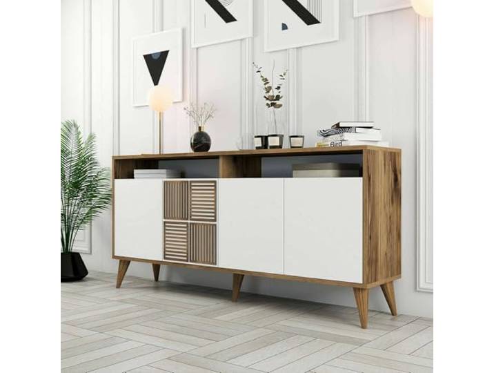 Dmora - Konsolentisch Scorpio, Wohnzimmer-Sideboard, niedriger TV-Schrank, ausgestatteter Wandsockel, 160 x 35 h79 cm, Walnuss und Weiß
