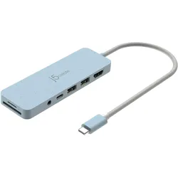 j5Create JCD373EC-N Umweltfreundlicher USB-C-Hub mit mehreren Anschlüssen und Power Delivery (USB-C, 6 Ports), Dockingstation + USB Hub, Blau