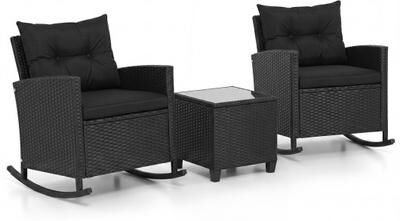 Costway 3-Piece Patio Rattan Roker Chairs with Tempered Glass Table and Soft Cushions-Black & Brown