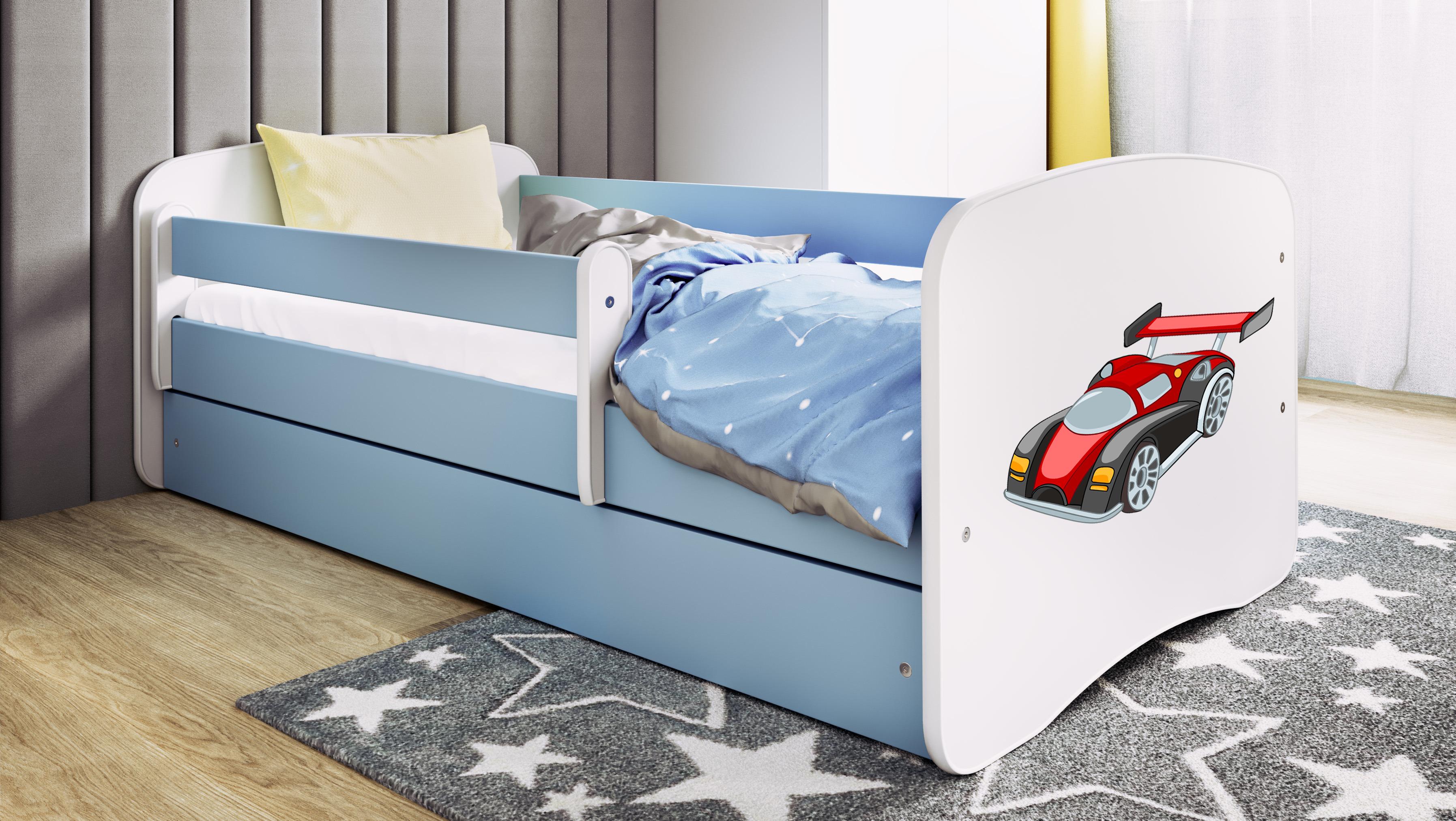 Kinderbett Jugendbett Rennwagen 70x140, 80x160, 80x180 cm - Komplettset mit Schublade & Rausfallschutz