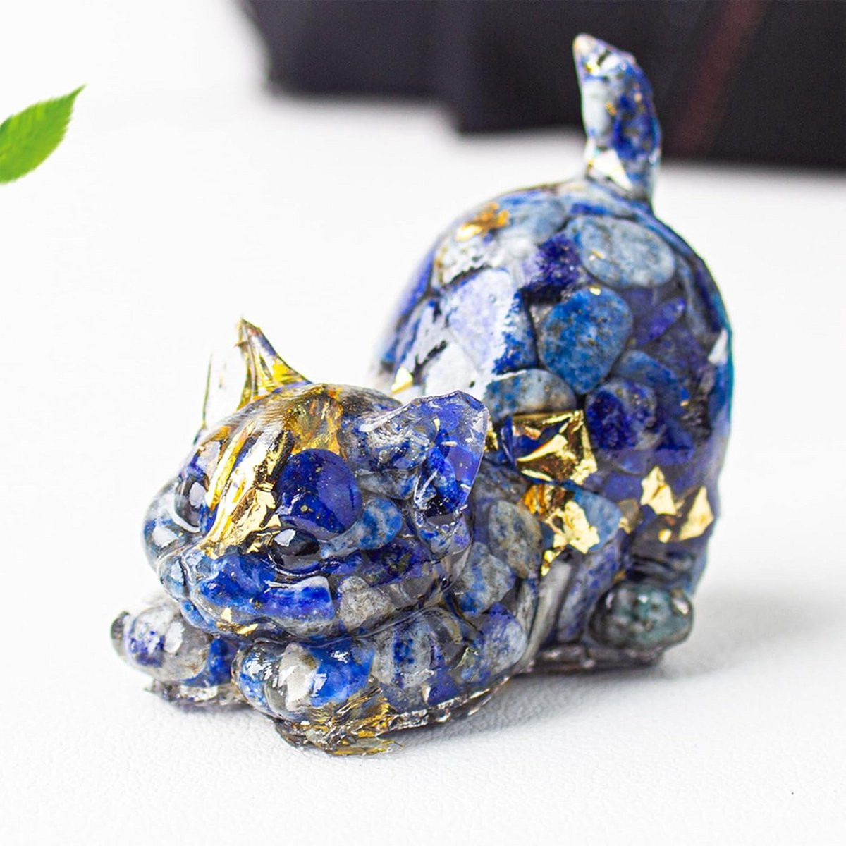 Handgesneden Kristallen Kattenbeeldje Decoratie Blauw voor op tafel