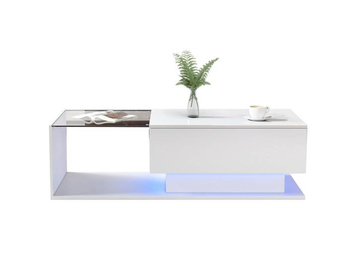 Flieks Couchtisch 100x50cm Hochglanzweiß Glasplatte Schublade LED-Beleuchtung, Weiß, Holz, 50x32x100 cm, Wohnzimmer, Wohnzimmertische, Couchtische