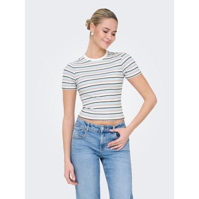 Kurzarmshirt ONLY "ONLLUPE S/S STRIPE TEE JRS", Damen, Gr. S, bunt (cloud dancer stripes:multi stripes), Jersey, Obermaterial: 60% Polyester, 32% Viskose, 8% Elasthan, gestreift, slim fit normal, Rundhals, Shirts, Materialmix mit Stretch, slim fit