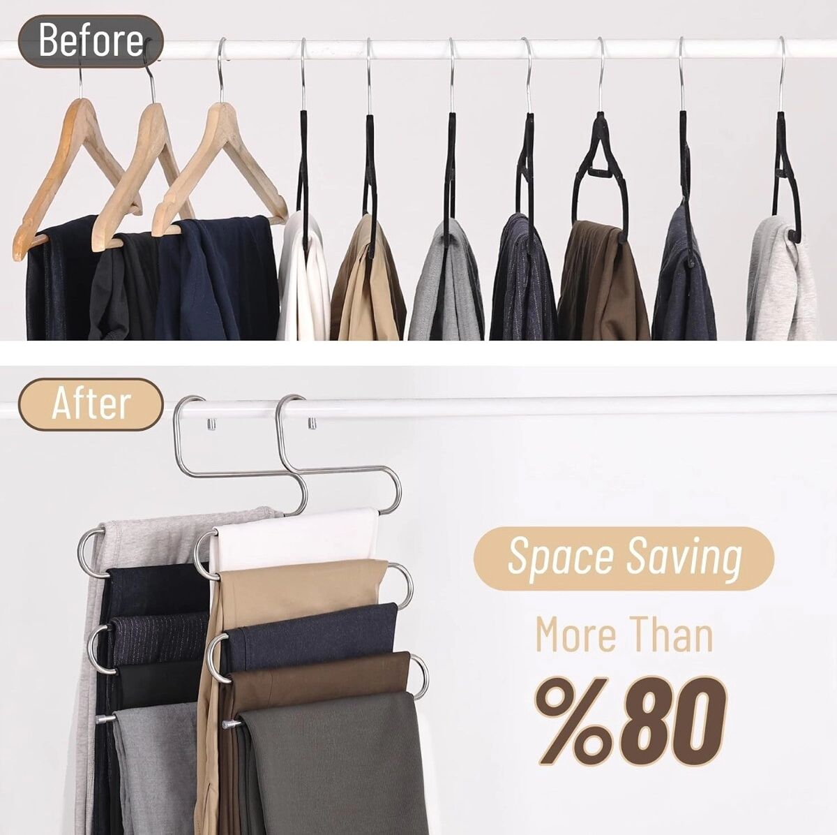 INF Cintre pantalons antidérapant multi‑couches 5 pièces - Organiseur en S gain de place avec crochet S