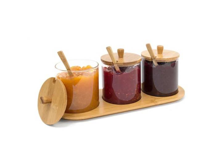 3er-Set Gewürzgläser aus Glas, Marmeladenbar mit Deckel, Löffel auf Brett aus Bambus