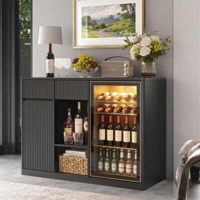ZWYO HOSIMU "51"" Modern Fluted Bar Sideboard Cabinet with Fridge Space, Charging Hub and Wine Glass Rack for Living Room, Hallway"