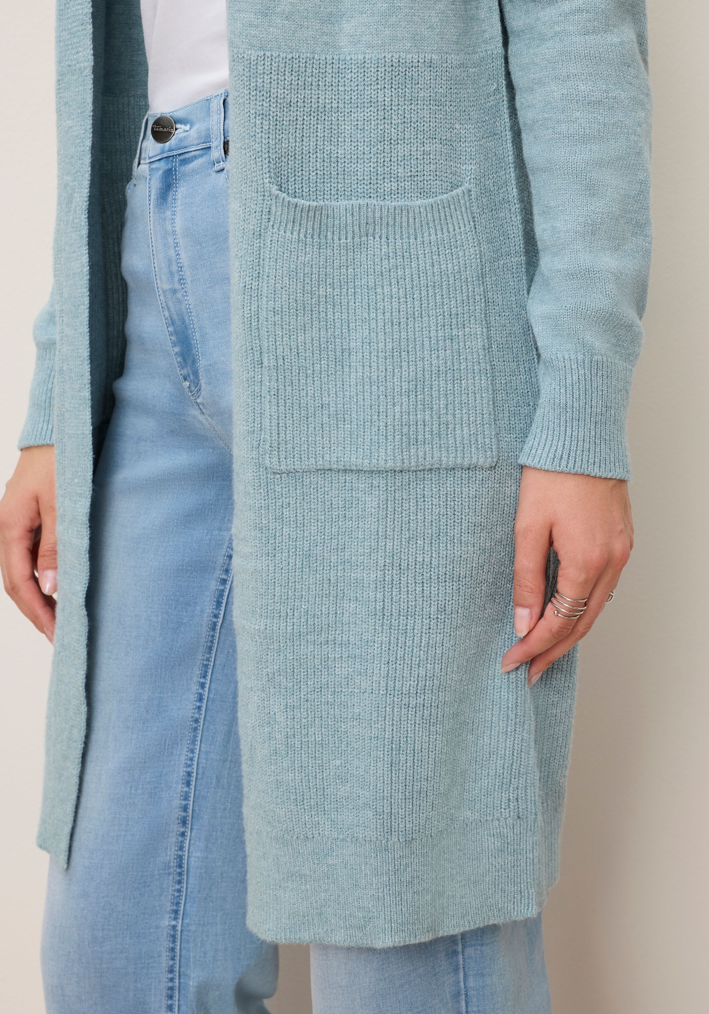 Strickjacke TAMARIS "mit Taschen, lässig geschnitten", Damen, Gr. 32/34, hellblau, Strick, Obermaterial: 50% Viskose, 28% Polyester, 22% Polyamid, meliert, unifarben, Basic, lässig geschnitten lang, V-Ausschnitt, Bündchen, Strickjacken Strickjacke, aus we