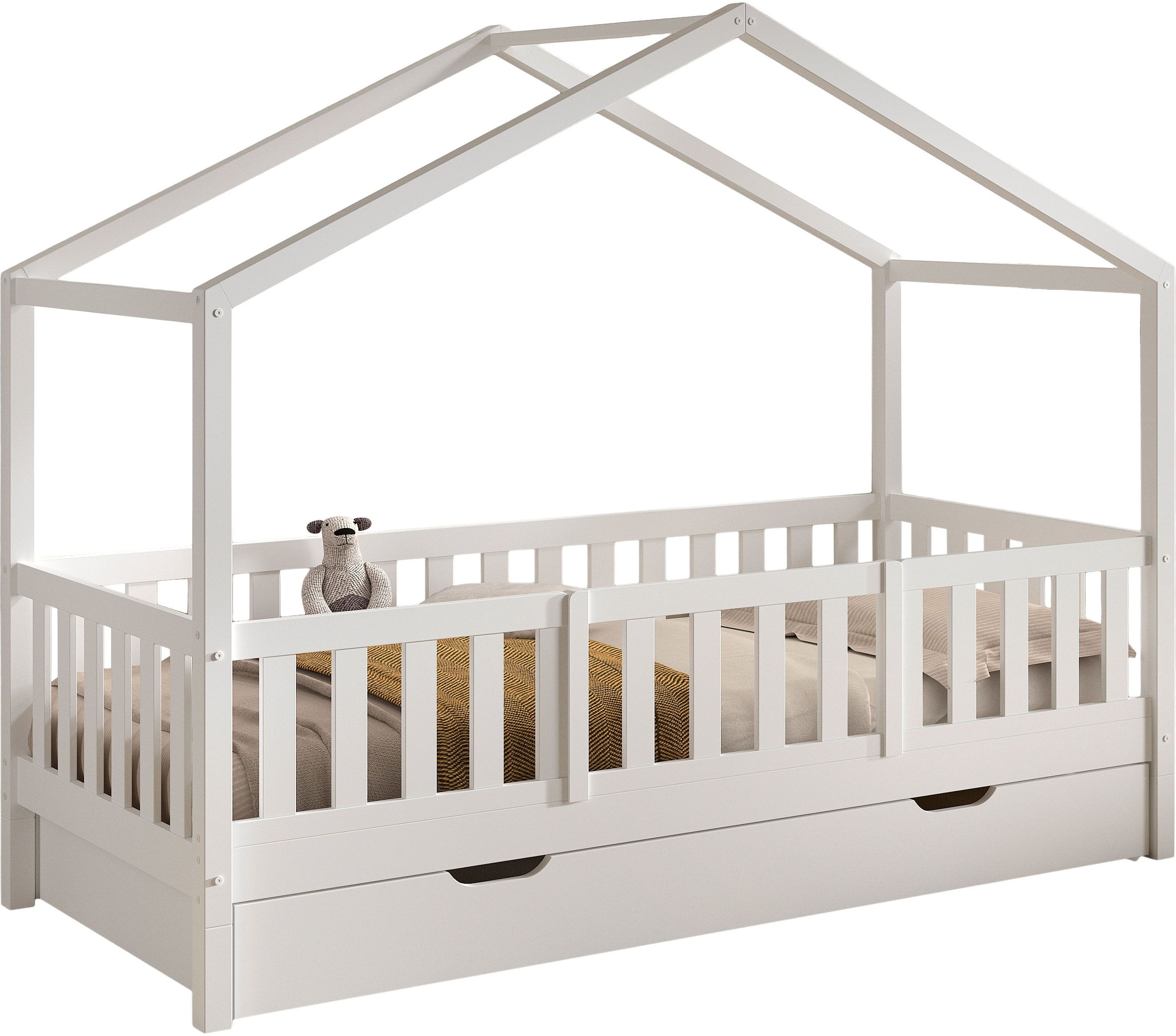 Hausbett VIPACK "Dallas, Massivholzbett mit Dachaufbau umbaubar vom Boden- zum Daybett", weiss (kiefer weiß, kiefer weiß, kiefer weiß), B:97cm H:170cm L:210cm, Betten, Hausbett, mit Bettschublade, wahlweise Kiefer massiv natur oder weiss kiefer weiß, kief