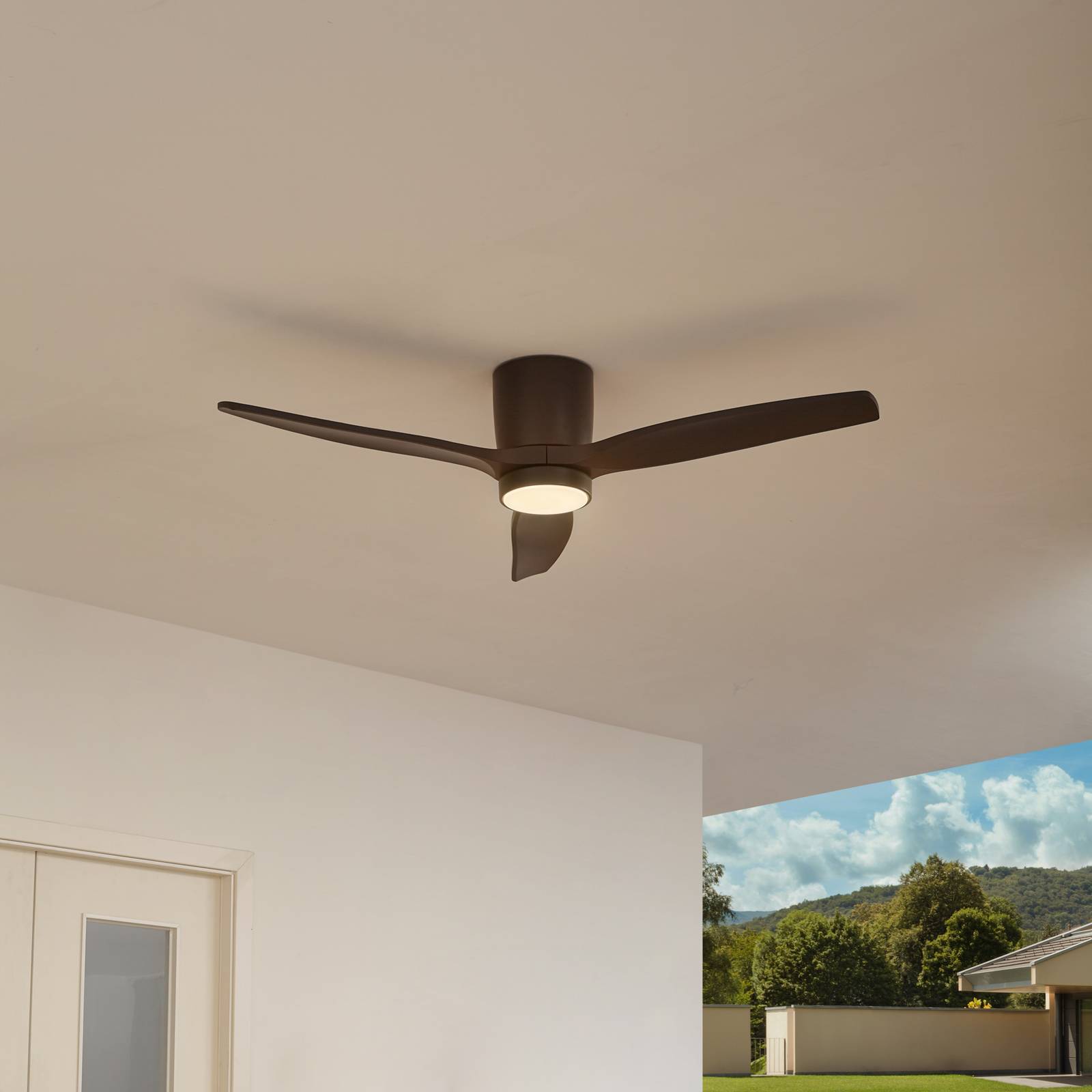 Lucande LED ceiling fan Sorin, black, DC, quiet, IP44 Sorin, Black, Workroom / Office, metal, Modern, Ceiling Fans with Lighting
