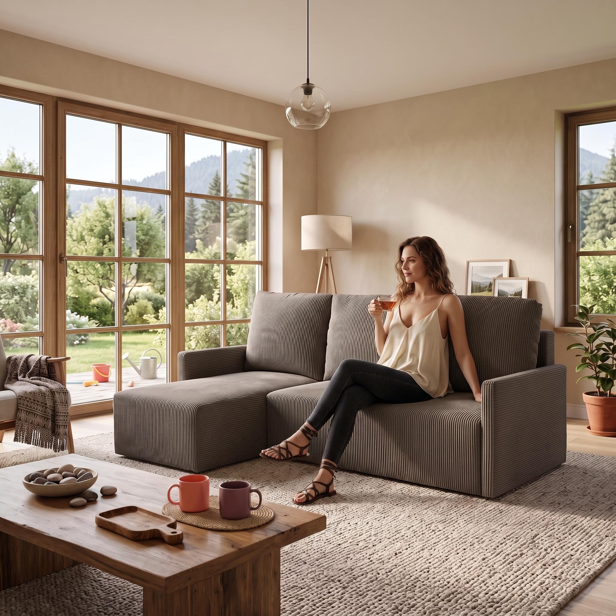 Ecksofa GARDA L universell links/rechts montierbar mit Schlaffunktion 132x198 cm Cord Hellbraun