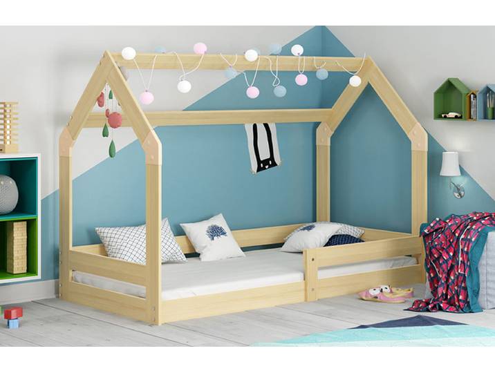 Massivholz Hausbett Natur 80x160 cm - Montessori Bodenbett für Kinder mit Rausfallschutz, stabiles Kinderbett aus Kiefernholz im skandinavischen Desi