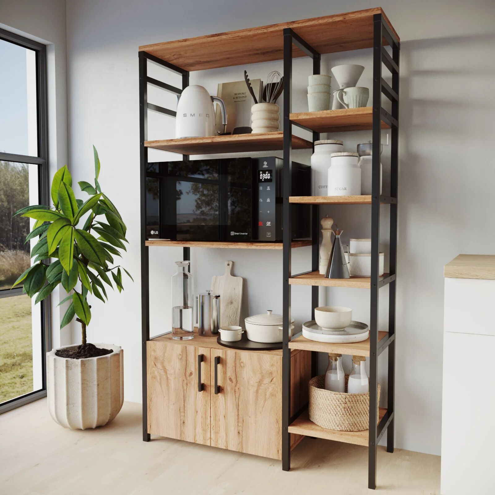 garneroarredamenti Scaffale cucina 84x141h cm 2 ante 8 ripiani industrial metallo rovere rustico Loft