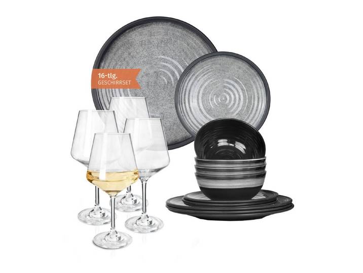 Moritz Geschirr-Set Camping Geschirr Stone Grey + Milano Weißweingläsern