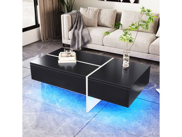 Table basse haute brillance - structure Colorblock noir et blanc meubles de salon 100*50*34 5 cm avec D'éclairage LED