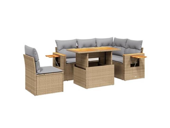 PUGYNBK Garten-Sofa-Set, 6-teilig, synthetisches Rattan, Beige Klappbarer Beistelltisch, abnehmbare Kissen, modulares Design, verstellbare Tischplatte