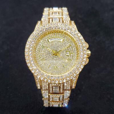Fashion Sheath Luxury Diamond Watch For Men Hip Hop Iced Out Gold Stainless Steel Watch golden