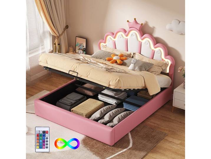Lit jeune Lit coffre 140x200 cm Lit double rembourrage doux en cuir PU LED réglable rose