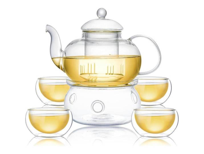 Teekanne Set Glas 1 Liter mit 4 Tassen und Teewärmer, Transparent, 15x30 cm, Geschirr, Kannen & Karaffen, Teekannen