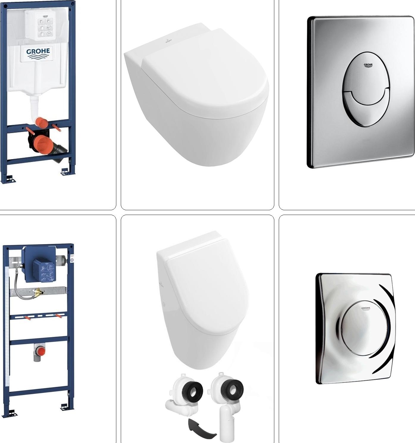 Villeroy & Boch Subway Set Urinal mit Wand WC spülrandlos, Ceramic Plus Beschichtung & Grohe Zubehör, chrom