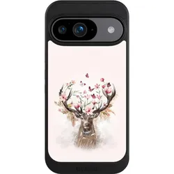 Nivocase Hülle für Google Pixel 9 Handyhülle NIVOcore Case Schwarz Blumen Hirsch Tiere (Google Pixel 9), Smartphone Hülle, Schwarz