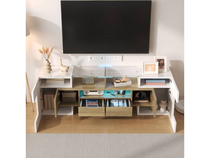 Meuble Tv Moderne 145x30x51cm avec éClairage LED Meuble Tv Classique avec Surface en Verre Meubles de Salon Blanc + Couleur Bois