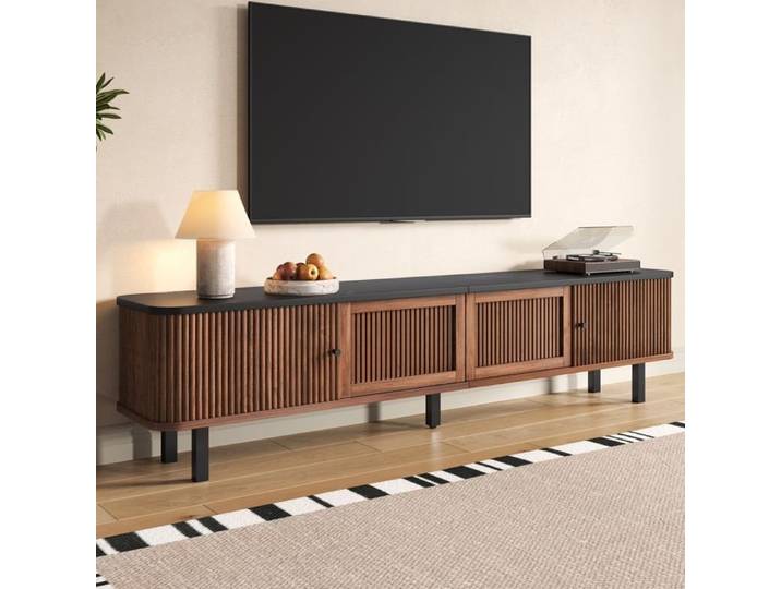 Meuble TV moderne 190x35x45cm Panneau TV Meuble TV bas 2 portes coulissantes et 2 portes grillagées Meuble de rangement Bois