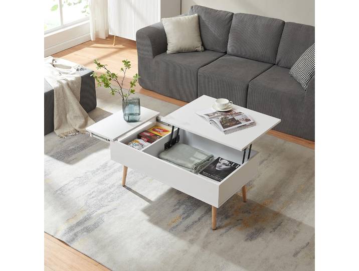 Table basse avec rangement « Flesen » Plateau en deux parties 92 x 52 x 41 cm Blanc