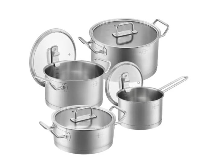 SILBERTHAL Topfset 4-teilig Edelstahl Induktion mit Glasdeckel, Kochtöpfe Vier Größen für die komplette Küche, mit Messskala. Sichtbares Garen, auf jedem Herd, ofenfest