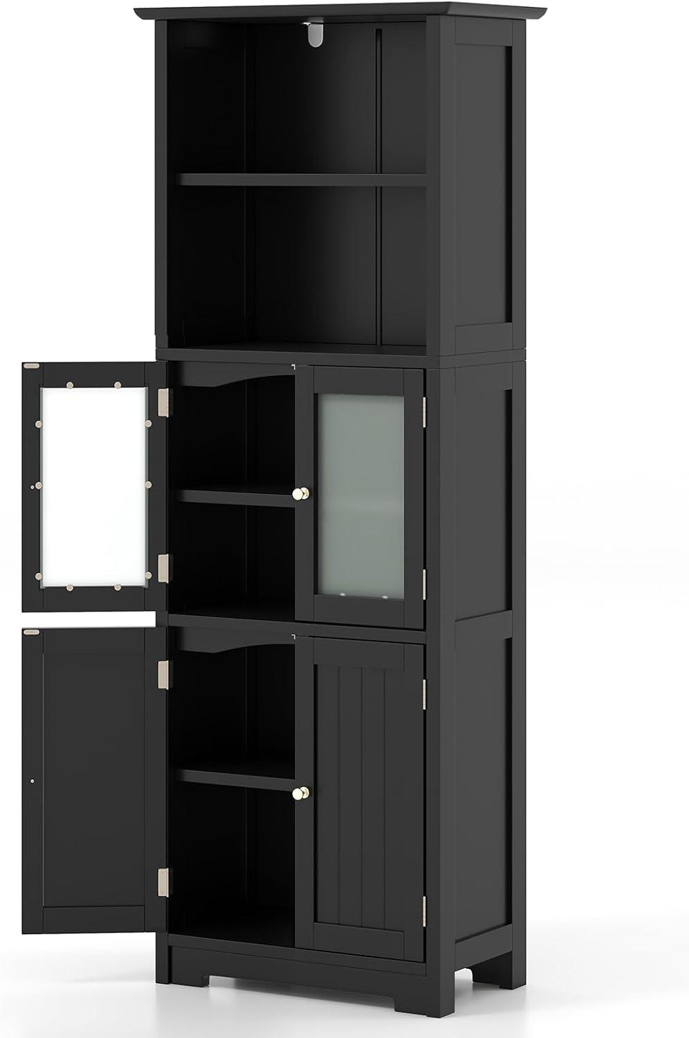 LIFEZEAL freistehender Hochschrank mit 2 Türen, verstellbaren Regalböden und Türen aus gehärtetem Glas für Badezimmer, Küche und Wohnzimmer (Schwarz)