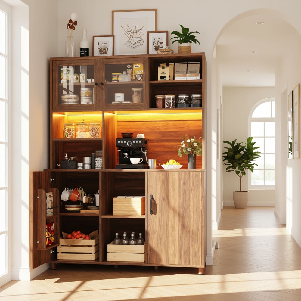 Urban Meuble Buffet haut avec éclairage LED et portes vitrées Marron 140x185x40cm