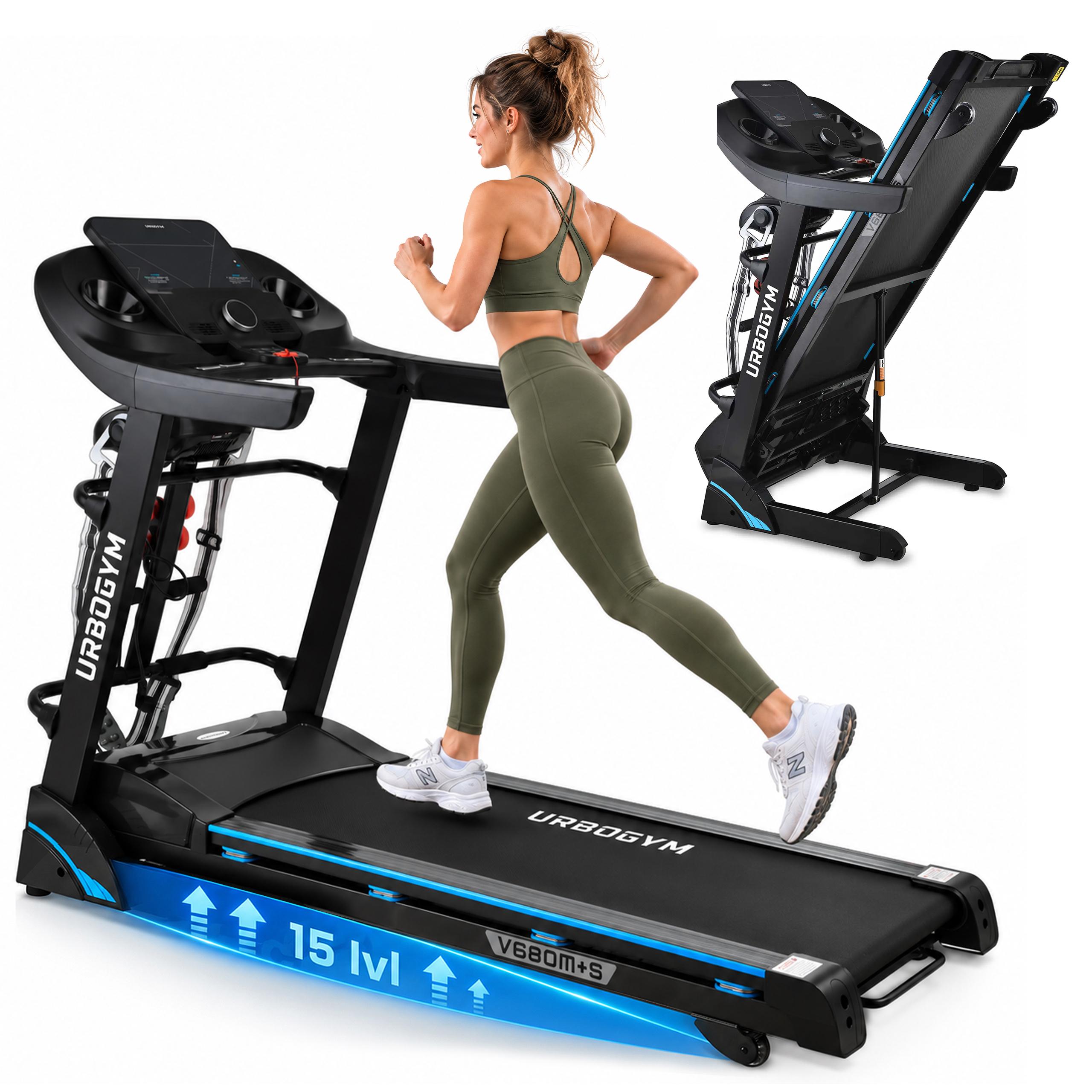 URBOGYM V680MS Laufband für Zuhause - 16 km/h, 15 automatische Steigungsstufen, Massagefunktion, 24 Trainingsprogramme