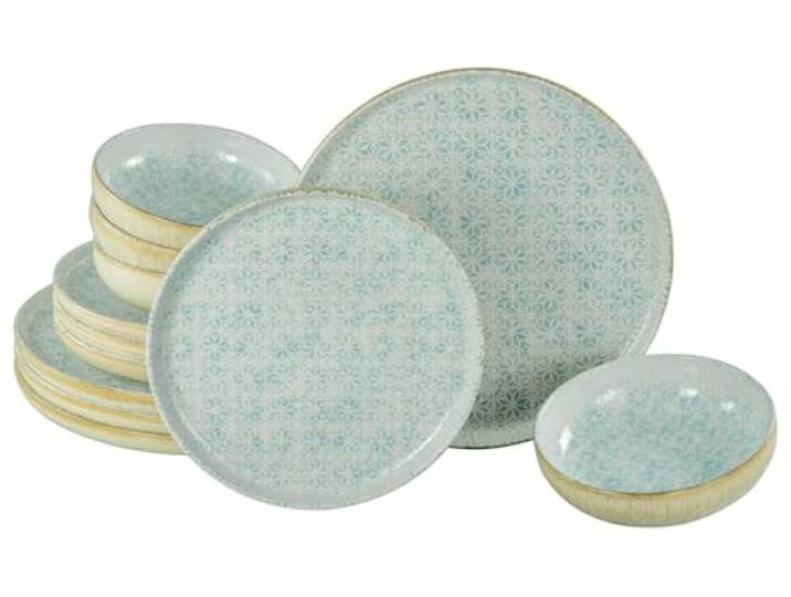 CreaTable\, 24086\, Série Uno Emiliana Bleu\, service de vaisselle 12 pièces\, set d'assiettes en grès\, compatible lave-vaisselle et micro-ondes\, production de qualité.