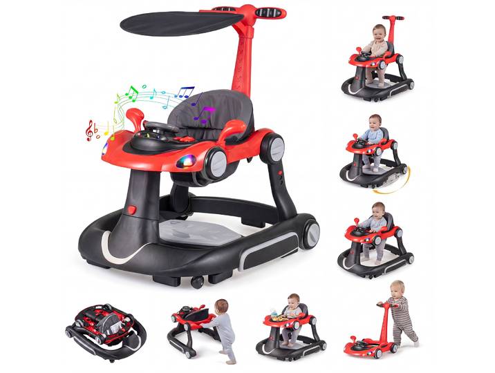 7-in-1 Loopstoeltje met Kap Loopwagen met Instelbare Hoogte en Snelheid Opvouwbare Babywalker met Speelbord Muziek Licht Rood en zwart