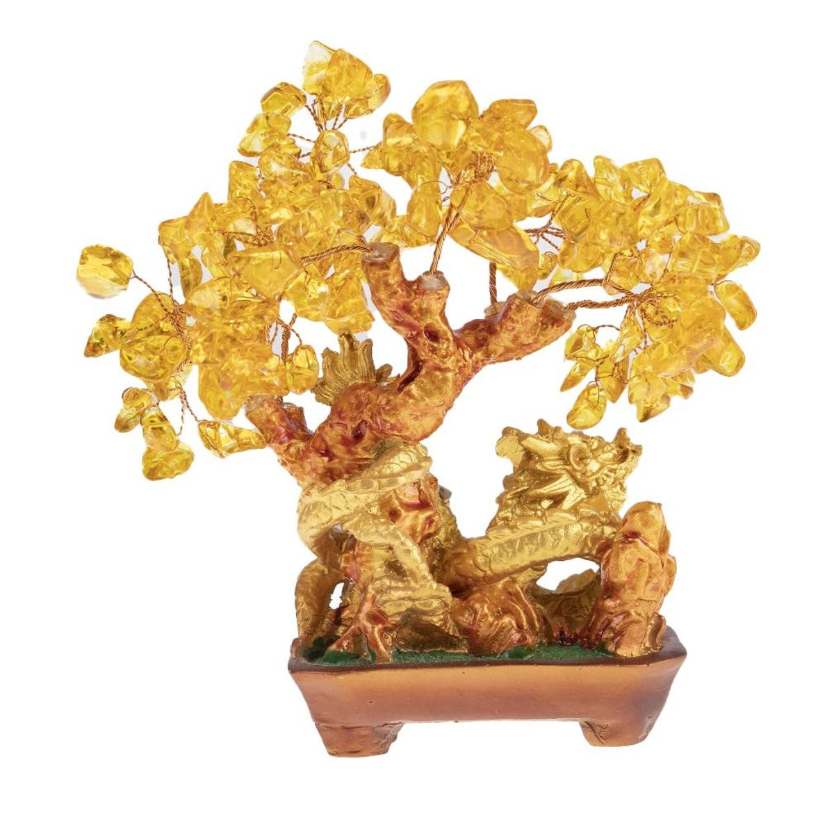 Lachineuse Drakenboom van gele citrien met gouden draak - Aziatische Feng Shui decoratie - 19 cm