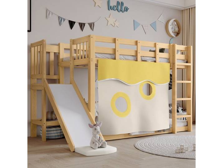 Lit d'étage lit en bois avec escalier et clôture avec rideau glissière lit d'enfant avec pare-chutes et grille MDF+pièvre