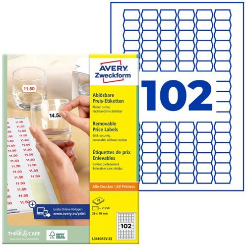 AVERY Zweckform Preisetiketten weiß ablösbar 26,0 x 16,0 mm, 25 Blatt