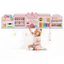 VEVOR Montessori Busy Board 14-in-1 Sensorisches Wandmotorikbrett Burgform, Motorikspielzeug zur Bildung & Frühe Entwicklung für Kinder, aus MDF-Platten, mit Xylophon Uhr Zahnrädern & Lernelementen