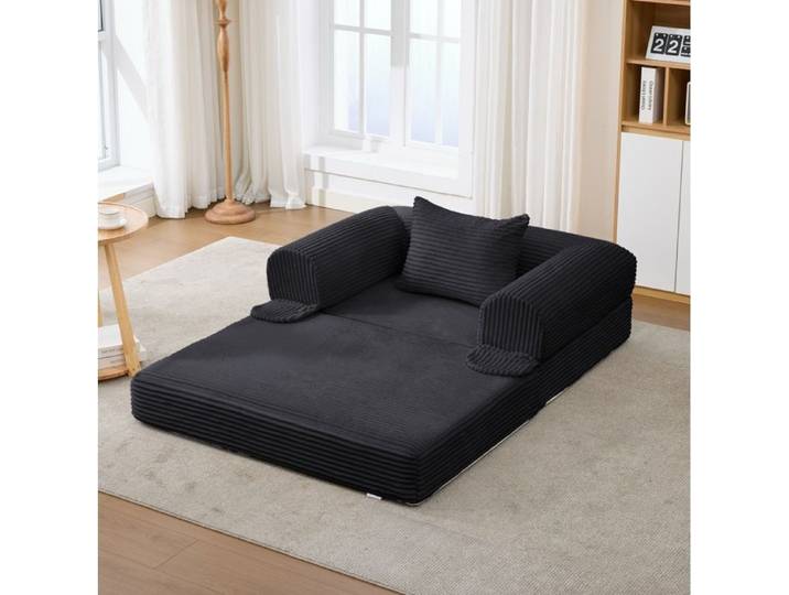 Chauffeuse convertible 1 place SENVIRO - 2 en 1 fauteuil lit 120 x 170 x 40 cm velours côtelé noir avec coussin