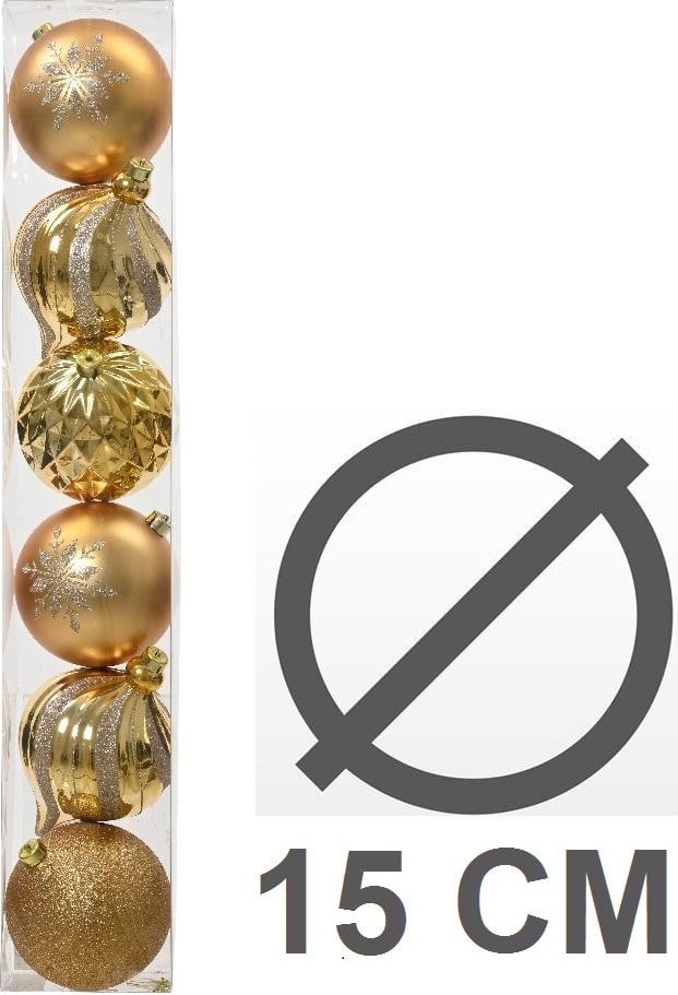 Decoris Set van 6 XXL Kerstballen Goud - Kunststof - Diameter: 15 cm