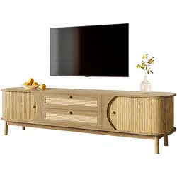 TV-Schrank 170x39x46 mit Massivholztüren, Rattanschubladen, stabilen Holzfüßen und natürlichem Finish für stilvolle Aufbewahrung