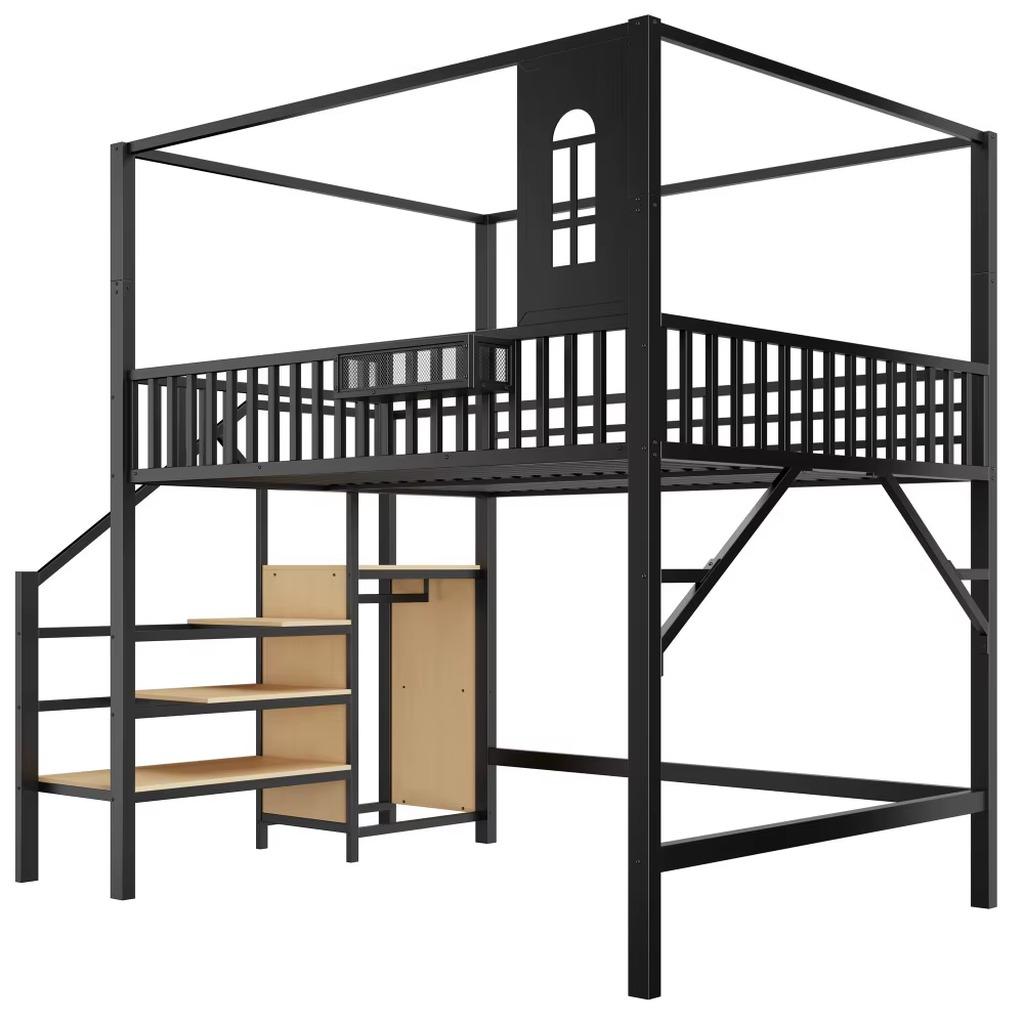 Metall-Etagenbett - 140 x 200 cm - Mit Stauraum - Sicherheitsleiter - Verstärkte Schutzgitter - Schwarz