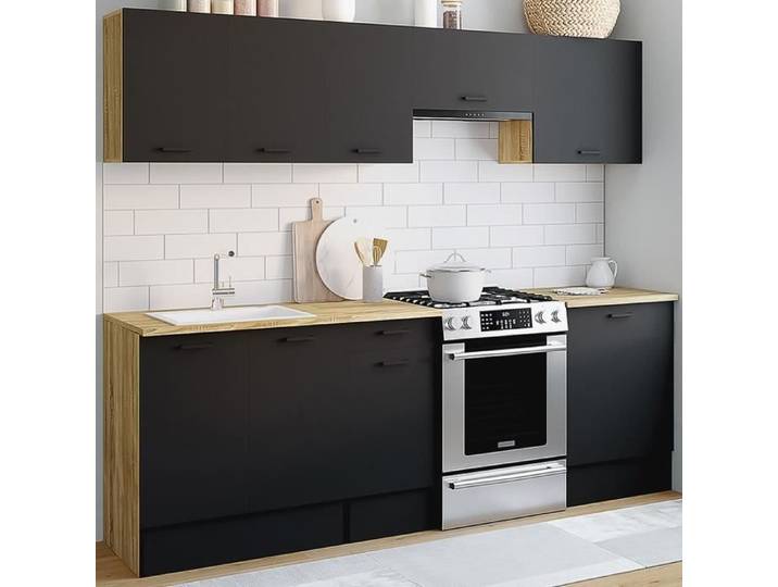IDMARKET Cuisine complète 240 cm SUBTIL avec plan de travail 7 éléments bois et noir
