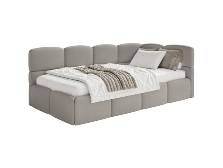 Selsey Jugendbett 120x200cm Hellbraun Chenille Stoff mit Stauraum und Lattenrost, Polsterbett mit Bettkasten, gepolstertes Kinderbett 120x200, Jugendbett rechtsseitig mit Eckkopfteil