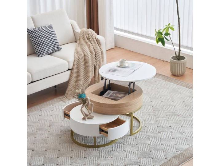 Table Basse Gigogne 2 Pièces Dorée Pliante avec Tiroirs - Combo Table Basse et d'Appoint - Design Moderne