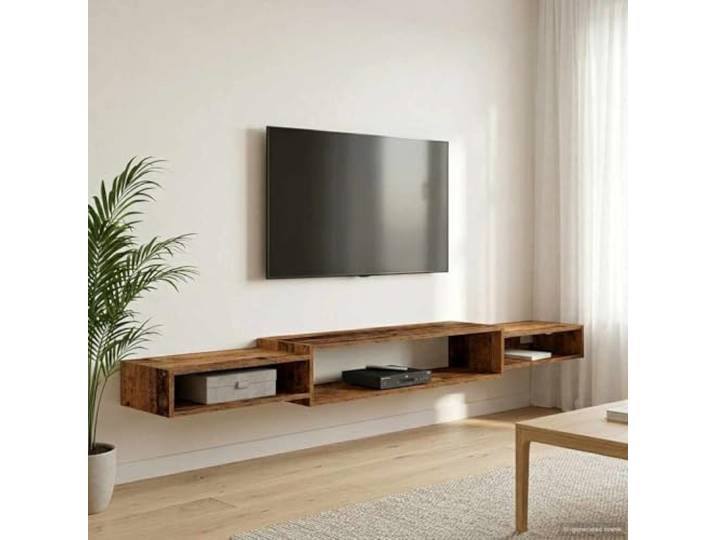 Wandmontierter TV-Schrank aus Holzwerkstoff, offenes Design, Altholz Optik Holzwerkstoff, offene Aufbewahrung, platzsparend, klare Linien, feuchtes Tuch reinigen
