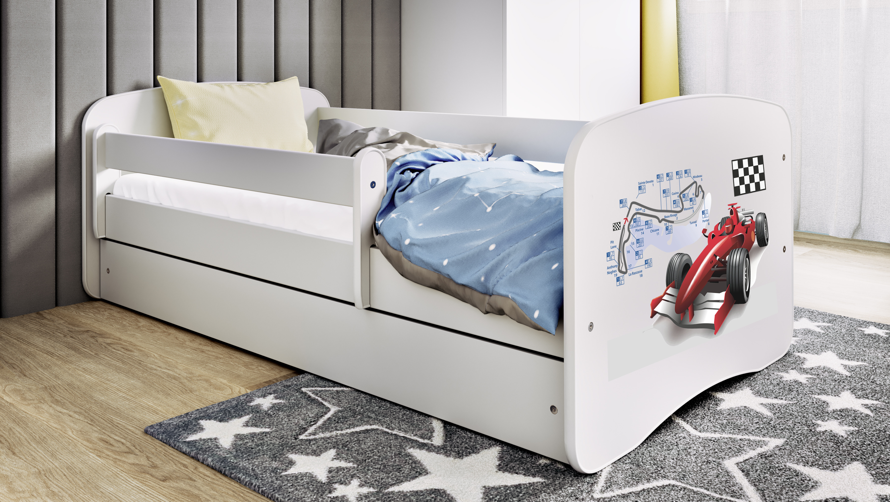 Kinderbett Jugendbett Formel 1 70x140, 80x160, 80x180 cm - Komplettset mit Matratze, Schublade & Rausfallschutz