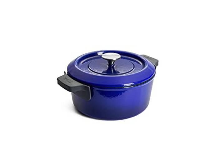 WOLL – Iron Gusstopf Ø 24 cm blau mit Deckel & Silikongriffen – emailliertes Gusseisen, induktionsgeeignet & ofenfest – für alle Herdarten